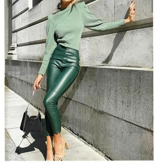 Zara Green Faux Leather high rise skinny pants leggings size small small - Picture 2 of 7